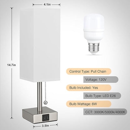 White Small Lamp for Bedroom - 3 Color Temperature 3000K 5000K 4000K Bedside Lamp, Pull Chain Control, USB A and C Charging Ports, Silver Base, for Kids Office Dorm nightstand, Bulb Included - LeafyLoom