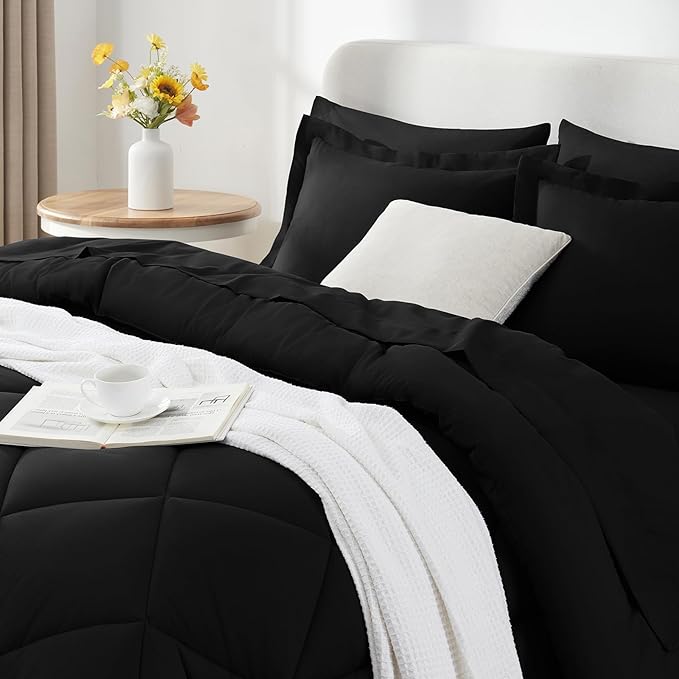 CozyLux Twin Bed in a Bag Comforter Sets with Comforter and Sheets 5 Pieces for Girls and Boys Black All Season Bedding Sets with Comforter, Pillow Sham, Flat Sheet, Fitted Sheet and Pillowcase - LeafyLoom