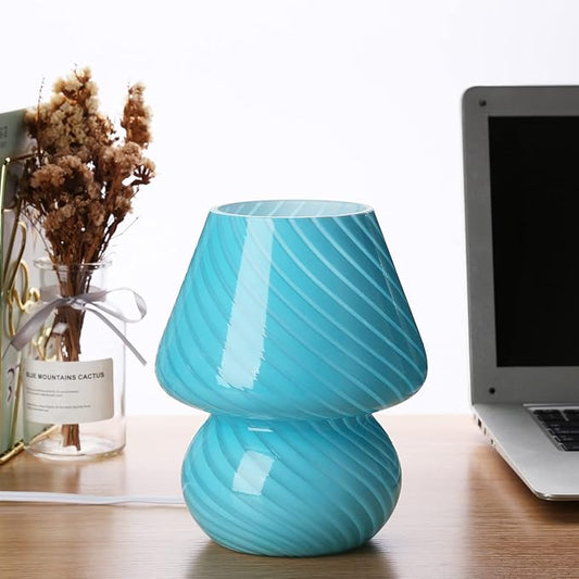 Mushroom Lamp,Glass Arctic Blue Mushroom Bedside Table Lamps Vintage Translucent Murano Style Striped Small Nightstand Desklamp Swirl Light for Home Decor, Dining, Living, Bedroom, Gift (Stripe Blue) - LeafyLoom