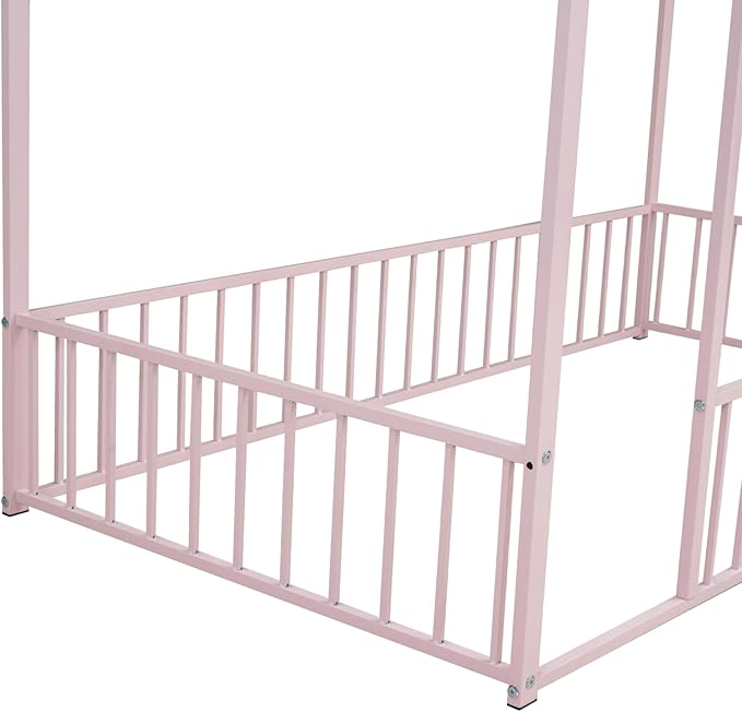 RITSU Twin Size Montessori Floor Bed, Metal House Bedframe with Fence, Robust Construction is Used, for Children'S Rooms, Boys Girls, No Box Spring Needed, Easy Assembly, Pink - LeafyLoom