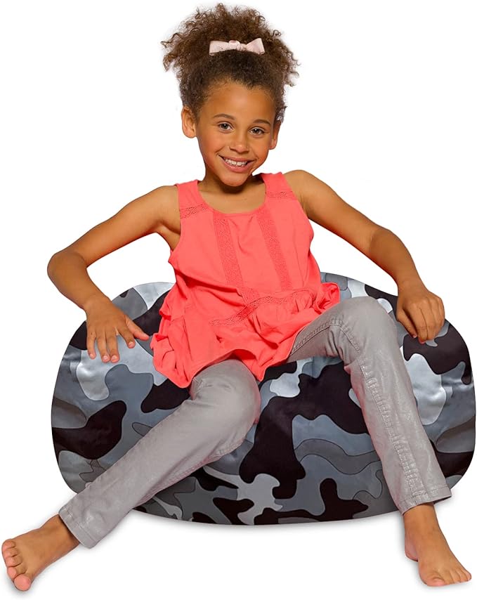 Posh Creations Bean Bag Chair for Kids, Teens, and Adults Includes Removable and Machine Washable Cover, Soft Nylon - Camo Gray and White, 27in - Medium - LeafyLoom