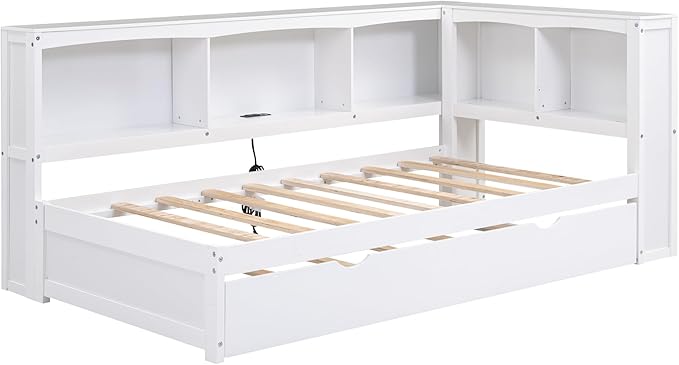 SuperStroke Jintop Twin Size Daybed with 5 Storage Cabinets and Trundle,Wood Sofa Bed Frame W/ 2 Standard Plug Outlets & Two USB Ports,No Box Spring Required,for Living Room Bedroom Apartment,White - LeafyLoom