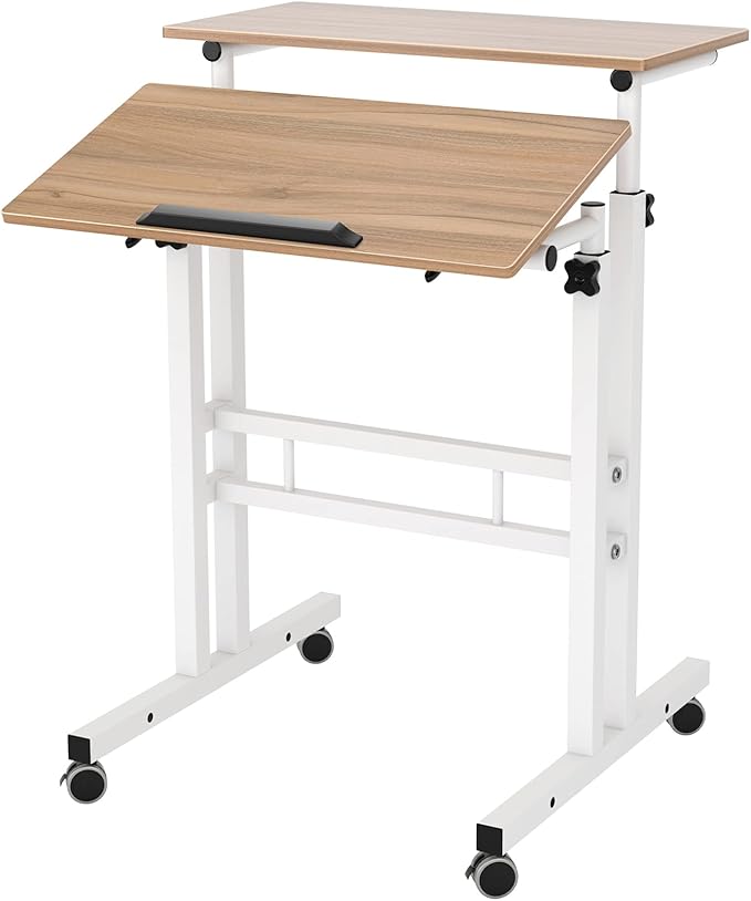 DlandHome Mobile Standing Desk Stand Up Desk Rolling Desk, Stand Sit Desk Mobile Computer Desk Adjustable Standing Desk 23.6inches Table Workstation Mobile Desk Cart Tray Oak - LeafyLoom