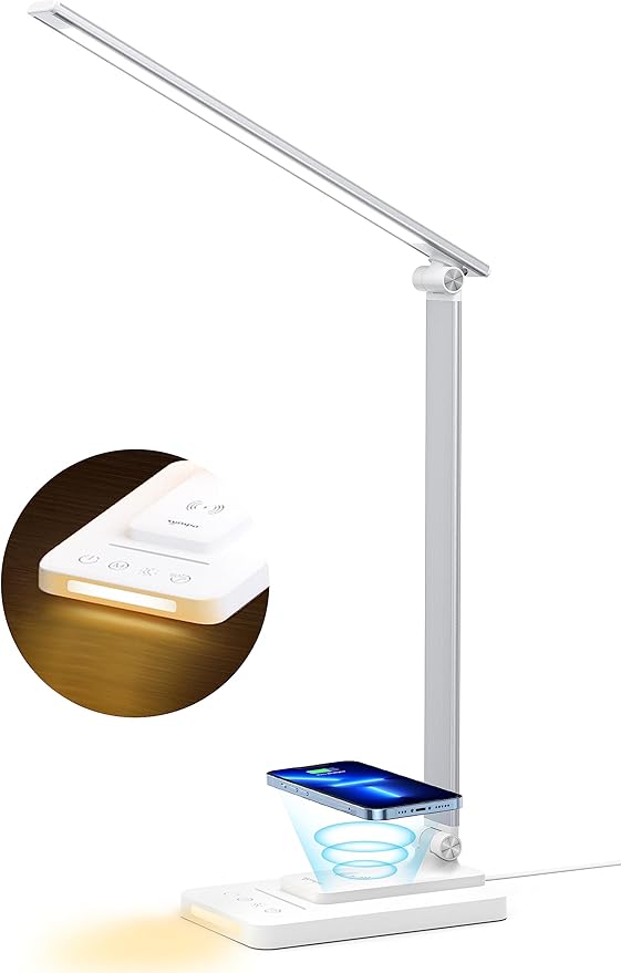 LED Desk Lamp, Desk Lamp with Wireless Charger, Dimmable Eye-Caring Table Lamps with Night Light, USB Charging Port, 4 Color Modes, 4 Brightness Levels, Memory Function, Desk Light for Home Office - LeafyLoom