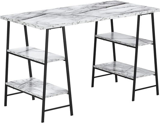 Monarch Specialties 7527 Computer Desk, Home Office, Laptop, Storage Shelves, 48" L, Work, Metal, Laminate, White Marble Look, Black, Contemporary, Modern Desk-48, 47.25" L x 23.75" W x 30" H - LeafyLoom