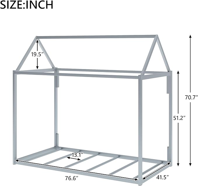 Metal Twin Size Montessori Floor Bed for Kids,Floor Bed Twin,House Bed with Slats for Boys Girls,Metal House Shape Platform Bed,No Spring Box Required,Silver - LeafyLoom