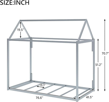 Metal Twin Size Montessori Floor Bed for Kids,Floor Bed Twin,House Bed with Slats for Boys Girls,Metal House Shape Platform Bed,No Spring Box Required,Silver - LeafyLoom