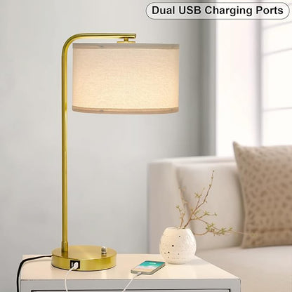 Fully Dimmable Bedside Lamp with Dual USB Ports, Mordern Gold Nightstand Lamp Desk Reading Lamp with Beige Drum Shade, Tall Side Table Lamp for Living Room Bedroom Office, 9W LED Bulb Included - LeafyLoom