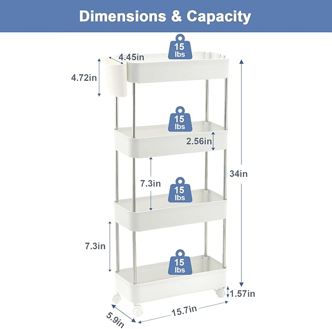 VECELO Storage Rolling Cart, 4 Tier Utility Cart Kitchen Slim Mobile Storage Unit Organizers with Wheels Hooks&Hanging Cups for Bedroom Bathroom Office Table Side in Narrow Places, White - LeafyLoom