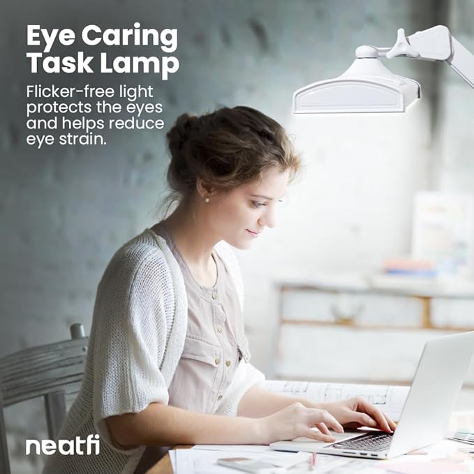 Neatfi Ultra 3,500 Lumen LED Desk Lamp, 45W, 26-Inch Wide Metal Shade, 270 SMD LEDs (Non-CCT with Clamp, White) - LeafyLoom