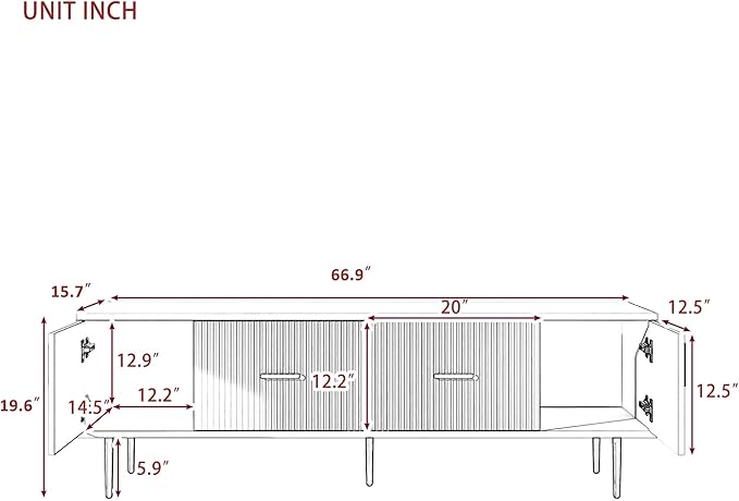 67 Inch TV Stand, Modern Television Stands with 2 Drawers and 2 Cabinets, Stylish Entertainment Center with 5 Champagne Legs for Living Room and Bedroom, Black - LeafyLoom