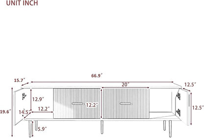 67 Inch TV Stand, Modern Television Stands with 2 Drawers and 2 Cabinets, Stylish Entertainment Center with 5 Champagne Legs for Living Room and Bedroom, White - LeafyLoom