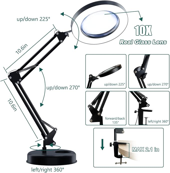 Magnifying Glass with Light and Stand, 10X Magnifying Lamp, 2-in-1 LED Lighted Desk Magnifier with Light, Craft Light Lamp with 3 Color Modes for Close Work Reading Repair Crafts - LeafyLoom