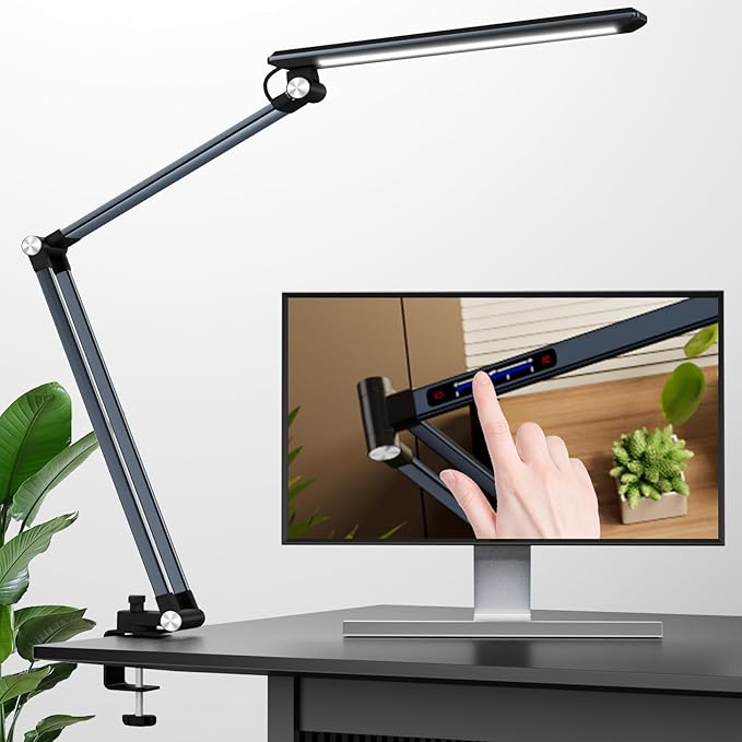 Space Saving LED Desk Lamps,Touch Adjustment 10 Color Temperatures &10 Brightness Eye-Caring Modes, Swing Arm Desk Light with Clamp，Lamp for Home Office 360° Spin Memory Function-Metallic Gray - LeafyLoom