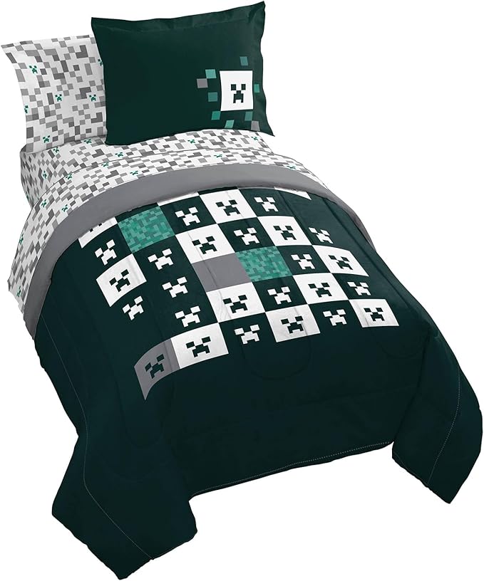 Minecraft Creeper Twin Comforter Set - 5 Piece Gamer Bedding includes Sheet Set & Pillow Covers - Super Soft Checkered Kids Bedding - LeafyLoom