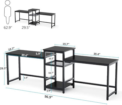 Tribesigns 96.9" Double Computer Desk with Printer Shelf, Extra Long Two Person Desk Workstation with Storage Shelves, Large Office Desk Study Writing Table for Home Office (Black) - LeafyLoom