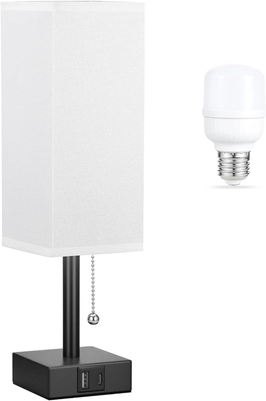 White Small Table Lamp for Bedroom - 3 Color Temperature 3000K 5000K 4000K Bedside Lamp, Pull Chain Control, USB A and C Charging Ports, Black Base, for Kids Office Dorm Nightstand, Bulb Included - LeafyLoom