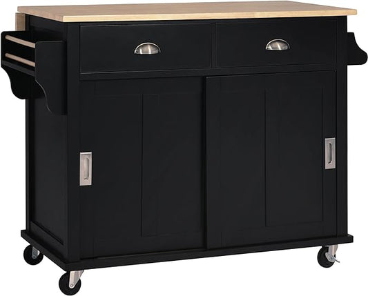 Kitchen Island Cart, with a Flatware Organizer, 5 Wheels and Rubber Wood Countertop, 8 Handle-Free Drawers,Adjustable Height & Concealed Sliding barn Door for Dinning Room, Coffee Bar - LeafyLoom