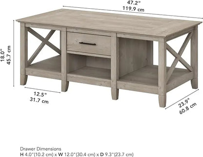 Bush Furniture Key West Coffee Table with Storage in Washed Gray - LeafyLoom