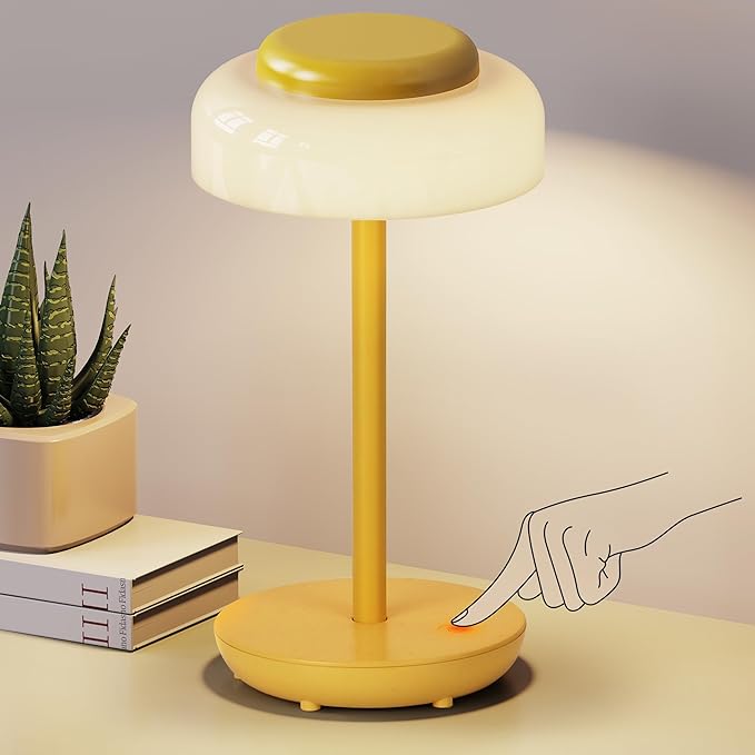 QiMH Battery Operated LED Table Lamp, 5000mAh Cordless Desk Lamp with 3 Level Brightness Touch Control, Mini Rechargeable Night Light for Living Room, Bedroom, Outdoor bar (Yellow) - LeafyLoom