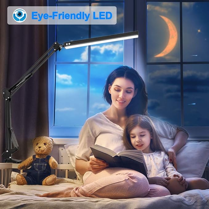 LED Desk Lamp for Home,Office,Reading,Adjustable Eye-Caring Desk Light with Clamp,Swing Arm Lamp Includes 3 Color Modes,10 Brightness Levels Table Lamps with Memory Function - LeafyLoom