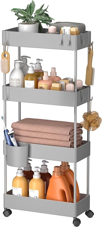 Pipishell Slim Storage Cart with Wheels, 4 Tier Bathroom Storage Organizer Rolling Utility Cart for Bathroom Kitchen Laundry Room Office Narrow Place (Gray) - LeafyLoom