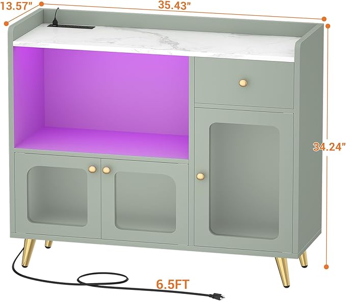 Cyclysio Sideboard Buffet Cabinet with Power Outlet, Kitchen Cabinet with LED Lights, Large Bar Cart Accent Buffet Cabinet with Door for Bedroom, Living Room, Kitchen, Hallway, Cyan - LeafyLoom