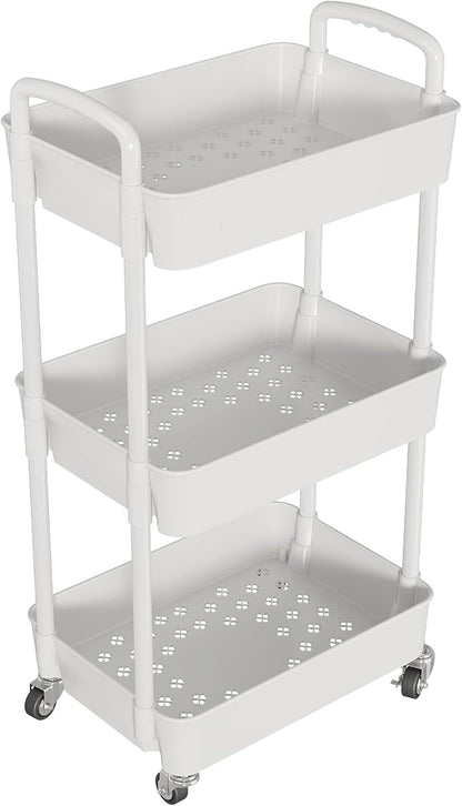 3-Tier Storage Cart,Multifunction Kitchen Storage Organizer,Mobile Shelving Unit Utility Rolling Cart with Lockable Wheels for Bathroom,Laundry,Living Room,With Classified Stickers,White - LeafyLoom