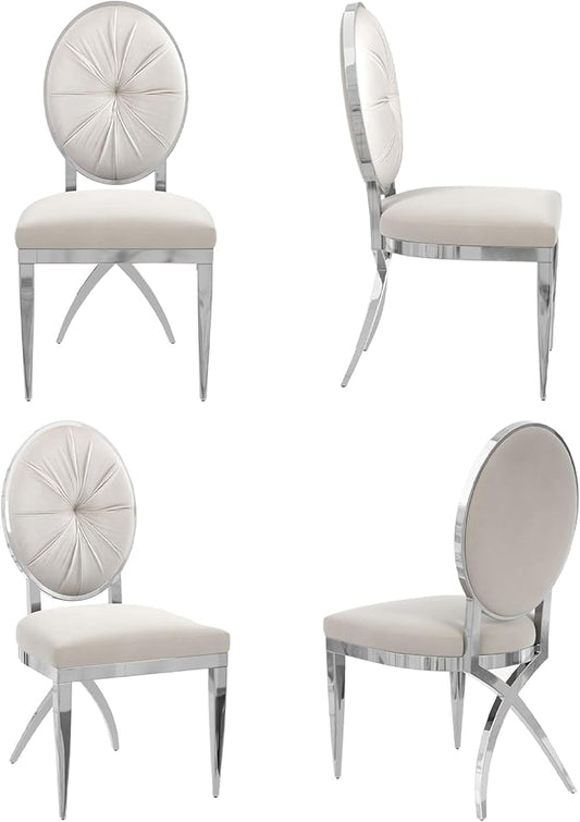 ACEDÉCOR Dining Chairs, White Velvet Dining Room Chairs with Silver Mirrored Base, Glam White Kitchen Chairs for Dining Room, Kitchen, Living Room (Set of 4) - LeafyLoom