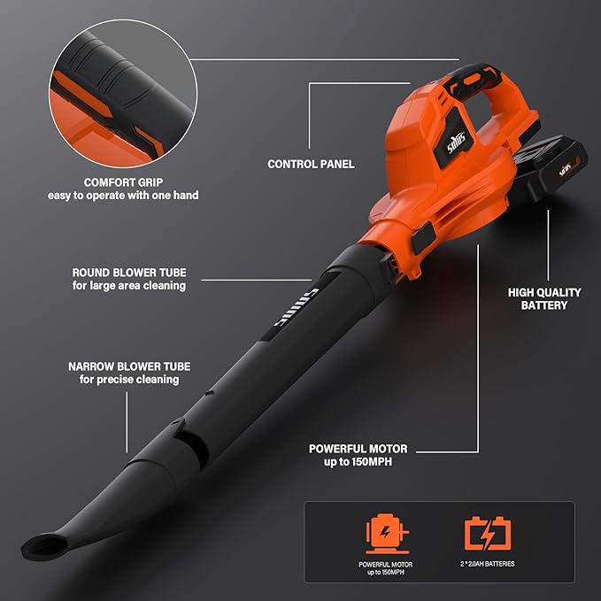 SOYUS Leaf Blower, 20V Leaf Blower Cordless with 2x2.0Ah Battery and Charger, 150 MPH Electric Leaf Blower with Two-Speed Mode, Blowers for Lawn Care, Debris Dust Cleaning(Orange) - LeafyLoom