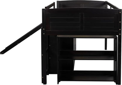 Twin Size Loft Bed with Slide and Storage Cabinets, Low Loft Bed Frame with Shelves for Kids and Teens, Wooden Loft Beds for Bedroom Guestroom, No Box Spring Needed, Espresso - LeafyLoom