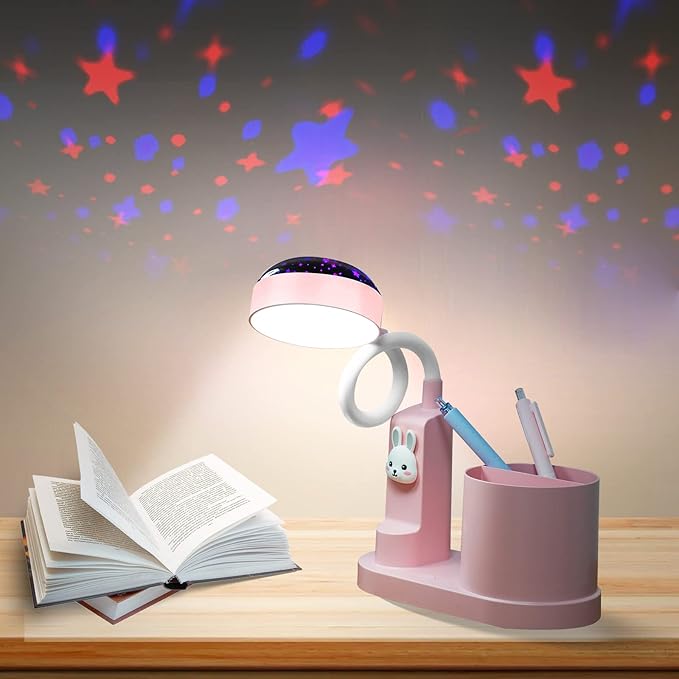 Pink Kids Desk Lamp with Pen holder, Rabbit cute LED Desk/Table Lamp with Dimmable Natrue Light, USB rechargeable and Funny projector, Small Bedside lamp, LED lamp for girls Bedrooms - LeafyLoom