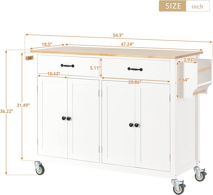 54" W Kitchen Cart on Locking Wheels with Spice Rack, Towel Rack & Wood Top Desktop, Rolling Moveable Kitchen-Island Table with Storage and Side Rack, for Dinning Room - LeafyLoom