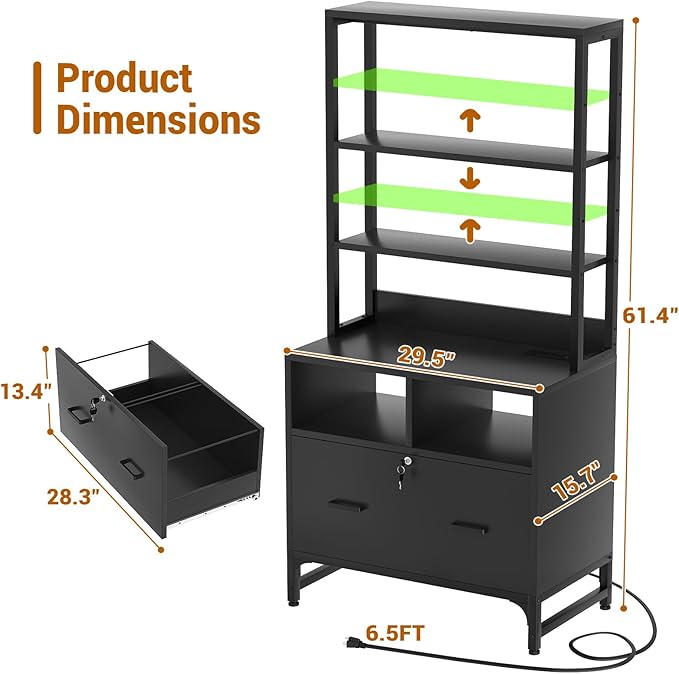 Homieasy File Cabinet with Charging Station, Vertical Filing Cabinet with Lock & Large Drawer, Printer Stand with Storage Shelves, Office Storage Cabinet fits Letter/A4/Legal Size, Black - LeafyLoom