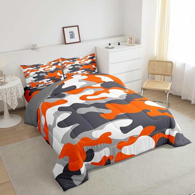 Feelyou Full Size Camouflage Comforter Set 3Pcs Kids Bedding Set for Boys Girls Teens 1 Comforter & 2 Pillowcases(Full,Orange) - LeafyLoom