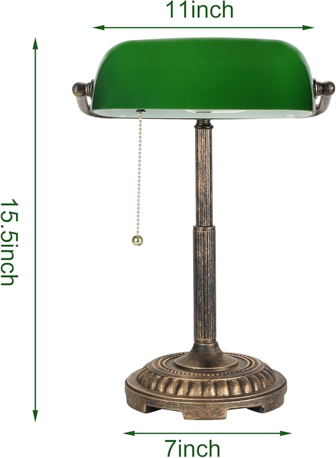 Bankers Lamp, Green Desk Lamp with Pull Switch, Vintage Table Lamps for Home Office, Library, Piano LED Bulb Included (Green) - LeafyLoom