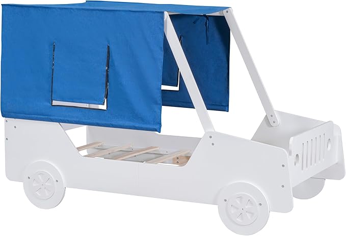 Full Size Race Jeep Car Bed Platform Bed with Tent Canopy and Wheels,Wood Bed Frame W/Raised Bed Design,for Kids Boys Girls Teens,White - LeafyLoom