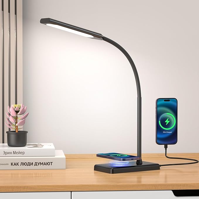 KEXIN LED Desk Touch Lamp with Wireless Charging & USB Charging Table Lamp 5 Color Modes 6 Brightness Levels Eye-Caring Gooseneck Desk Lamp for Home Office with Memory Function 1h Timer Bedside Lamp - LeafyLoom