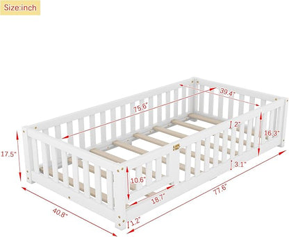 Multifunctional Twin Size Floor Bed with Safety Guardrails and Door, Removable Wood Slats, Montessori Beds Frame for Toddlers, for Boys and Girls, White - LeafyLoom