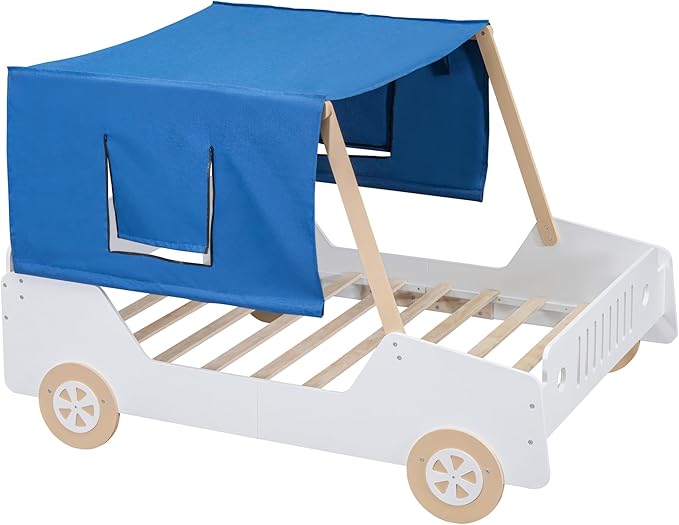 Full Size Race Jeep Car Bed Platform Bed with Tent Canopy and Wheels,Wood Bed Frame W/Raised Bed Design,for Kids Boys Girls Teens,Natural - LeafyLoom