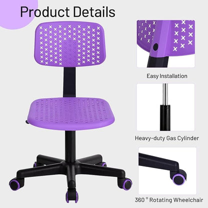 Desk Chair Armless Cute Office Chair, Low Back Rolling Home Office Task Chair Adjustable Swivel Study Chair for Girls Teens Adults Children Kids, Purple - LeafyLoom