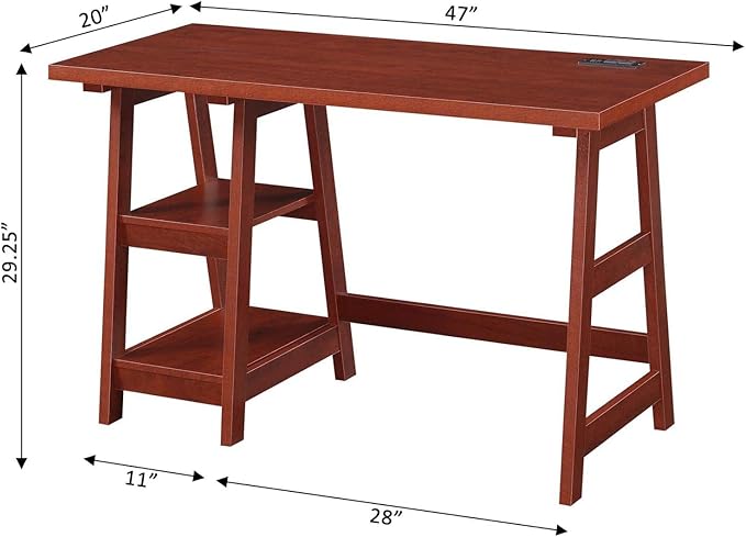 Convenience Concepts Designs2Go Trestle Desk with Charging Station and Shelves, Cherry - LeafyLoom