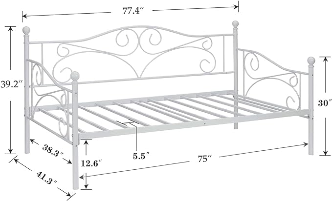 VECELO Daybed Frame, Twin Size Metal Platform Sofa Bed Mattress Foundation with Headboard, Heavy-Duty Steel Slat Support for Bedroom Living/Guest Room, Easy Assembly, White - LeafyLoom