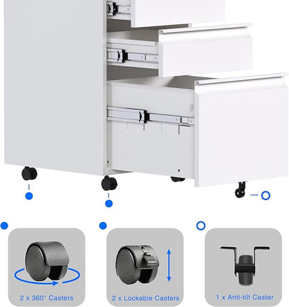 Mobile File Cabinet Under Desk, 3 Drawers Metal File Cabinet with Wheels, Rolling Filing Cabinets with Lock for Home Office Letter/Legal/A4 - LeafyLoom