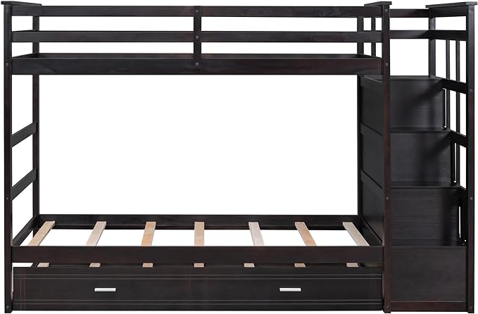 Twin Over Twin Bunk Bed with Stairs, 4 Storage Drawers and Trundle, Wooden Bunkbeds with Staircase and Full-Length Guardrails, for Kids/Teens/Adults, Espresso - LeafyLoom