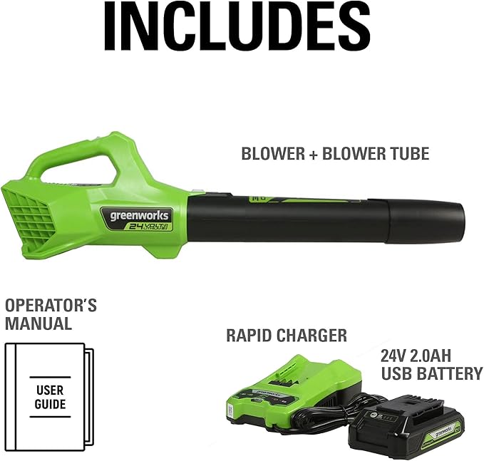 Greenworks 24V (90 MPH / 320 CFM / 125+ Compatible Tools) Cordless Axial Leaf Blower, 2.0Ah Battery and Charger Included - LeafyLoom