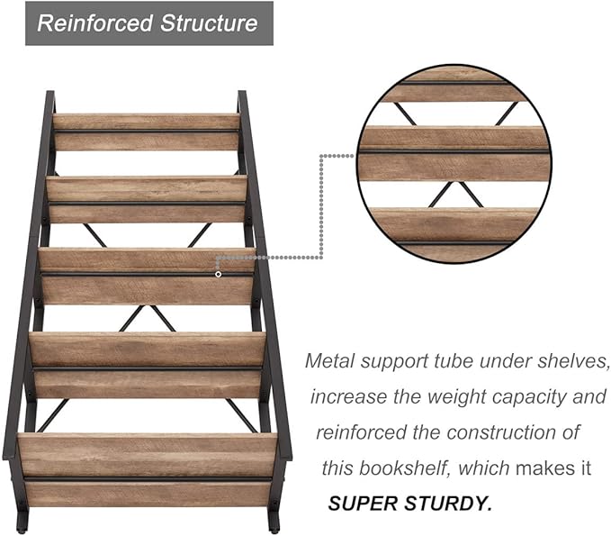 BON AUGURE Industrial 5 Tier Ladder Bookshelf, Wood and Metal Ladder Shelf Bookcase, Farmhouse Leaning Shelves for Living Room (Vintage Oak) - LeafyLoom