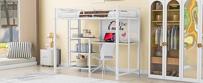 RITSU Twin Size Loft Bed, Heavy Duty Metal Bedframe with Desk and Whiteboard, 3 Big Shelves The Storage Space, Sturdy Construction, for Children's Room, Teens, White - LeafyLoom