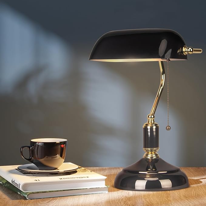 FIRVRE Bankers Desk Lamp with Pull Chain Switch Plug in Fixture, Black Glass Shade Desk Lamps, Golden and Black E26 Base, Traditional Library Lamp for Office,Piano,Study Room - LeafyLoom