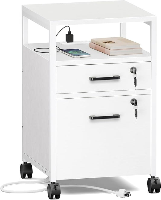 SUPERJARE File Cabinet with Lock & Charging Station, 2 Drawers Rolling Filing Cabinet, Office File Cabinet with Wheels & Open Shelf, for Home Office, A4/Letter Size Files - White - LeafyLoom